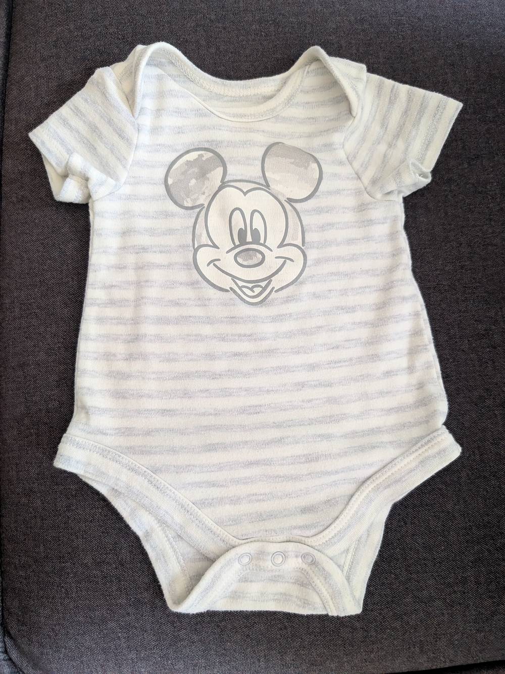 Disney Baby Light Gray & White Striped Mickey One-Piece